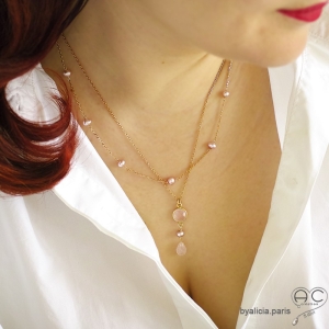 Collier, pendentif quartz rose et perle de culture rose, plaqué or, fait main, création by Alicia