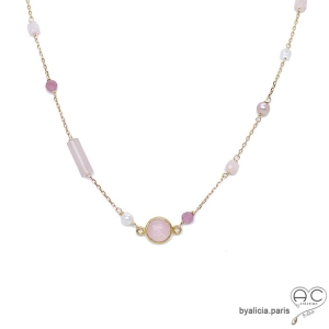 Collier, sautoir, quartz rose et perle de culture, chaîne plaqué or, fin, fait main, création by Alicia
