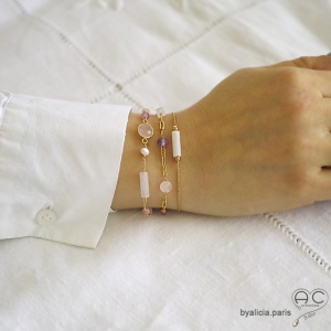Bracelet, quartz rose perle de culture, chaîne plaqué or, fin, fait main, création by Alicia