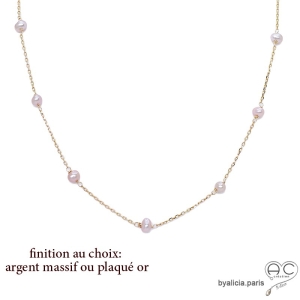 Collier, sautoir avec perles de culture roses parsemée sur une chaîne fine en plaqué or ou en argent, création by Alicia