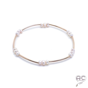 Bracelet perles d'eau douce roses avec les tubes en plaqué or, femme, création by Alicia 