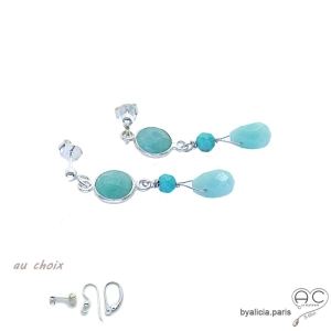 Boucles d'oreilles amazonite et turquoise, argent massif, fait main, création by Alicia