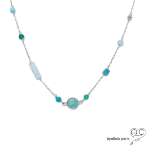 ras de cou collier sautoir amazonite et turqoise chaîne argent massif femme artisanal