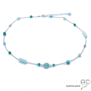 turquoise et amazonite chaîne argent massif collier ras de cou choker sautoir femme fait à la main en France