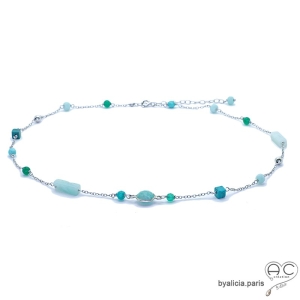 Collier ras de cou sautoir en chaîne argent amazonite et turqoise fabriqué à la main en France