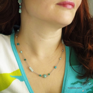 Collier sautoir amazonite et turqoise chaîne argent massif fin délicat raffiné femme