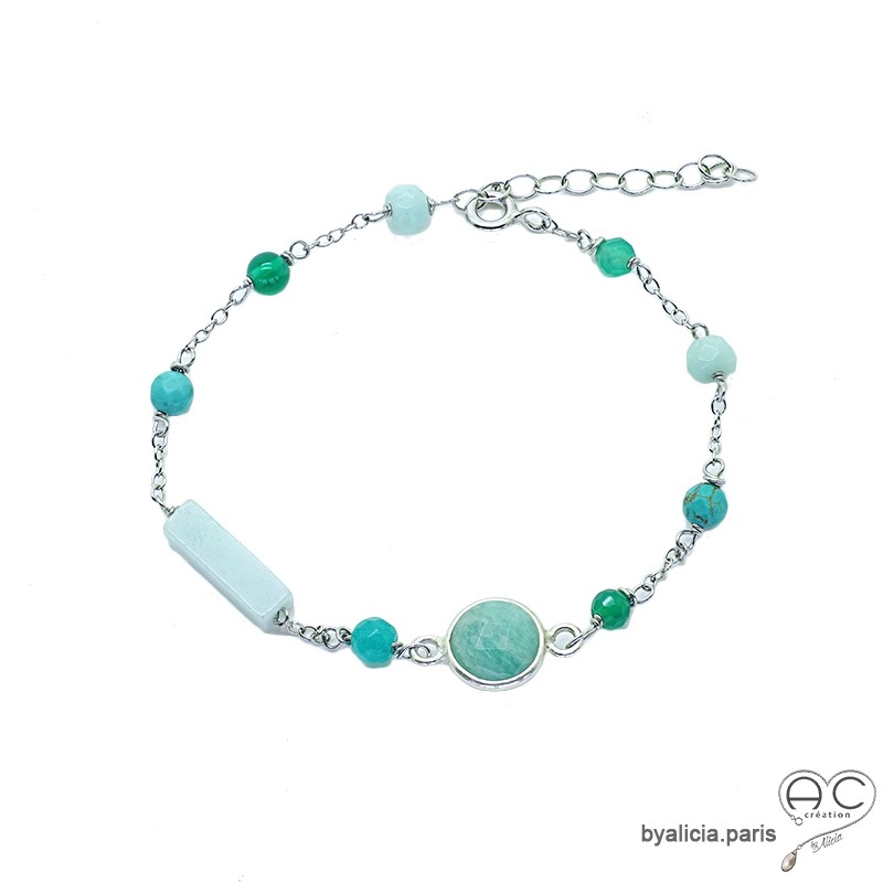 Bracelet, amazonite et turqoise, chaîne argent massif, fin, fait main, création by Alicia