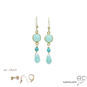 Boucles d'oreilles amazonite et turquoise, plaqué or, fait main, création by Alicia