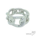 Bague anneau large, maillons entrelacés, motif chaîne, argent massif rhodié, femme, tendance