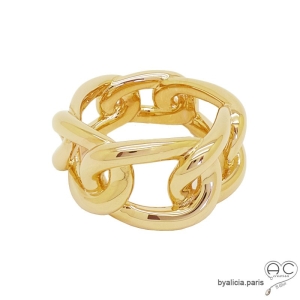 Bague anneau large, maillons entrelacés, motif chaîne, plaqué or, femme, tendance