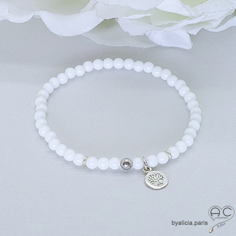 Bracelet agate blanche avec pampille médaille arbre de vie en argent massif, pierres naturelle, fait main, création by Alicia 