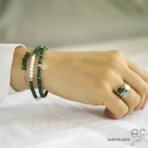 Bracelet agate blanche et malachite, argent massif, pierres naturelle, fait main, création by Alicia 