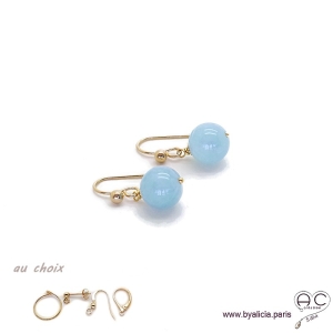 Boucles d'oreilles avec aigue marine et plaqué or 3MIC, pierre naturelle bleue, pendantes courtes, création by Alicia