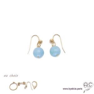 Boucles d'oreilles avec aigue marine et plaqué or 3MIC, pierre naturelle bleue, pendantes courtes, création by Alicia