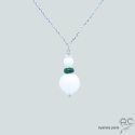 Collier, pendentif agate blanche et malachite, argent massif, pierre naturelle, fait main, création by Alicia