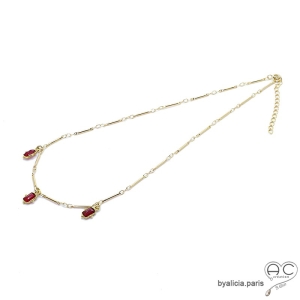 Collier pampilles en indian rubis sur chaîne barrette plaqué or, fin, fait main, création by Alicia