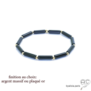 Bracelet onyx noir tube, pierre semi-précieuse, fait main, création by Alicia 