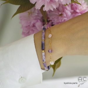 Bracelet lepidolite tube, pierre semi-précieuse violette, fait main, création by Alicia 