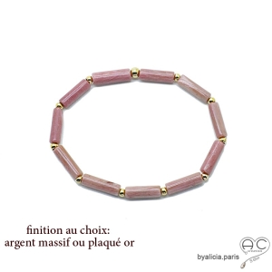 Bracelet rhodonite tube, pierre semi-précieuse rose, fait main, création by Alicia 