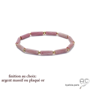 Bracelet rhodonite tube, pierre semi-précieuse rose, fait main, création by Alicia 