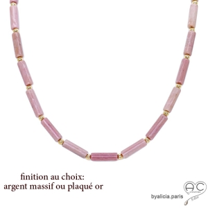 Collier rhodonite tube, pierre semi-précieuse rose, fait main, création by Alicia 