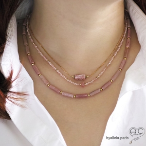 Collier rhodonite tube, pierre semi-précieuse rose, fait main, création by Alicia 