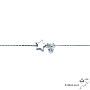 Collier étoile en hématite et petit brillant en cristal sur une chaîne en argent 925 rhodié, ras de cou, création by Alicia
