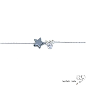 Collier étoile en hématite noire et petit brillant en cristal, chaîne en argent 925 rhodié, ras de cou, création by Alicia