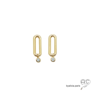 Boucles d'oreilles barrette avec zirconium brillant mobile, plaqué or, femme