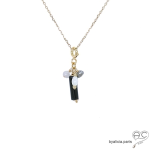 Pendentif breloque onyx, plaqué or et gri-gri en pierre semi-précieuse, collier, fait main, créations by Alicia