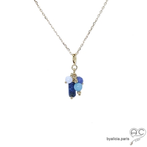Pendentif breloque lapis-lazuli, plaqué or et gri-gri en pierre semi-précieuse, collier, fait main, créations by Alicia