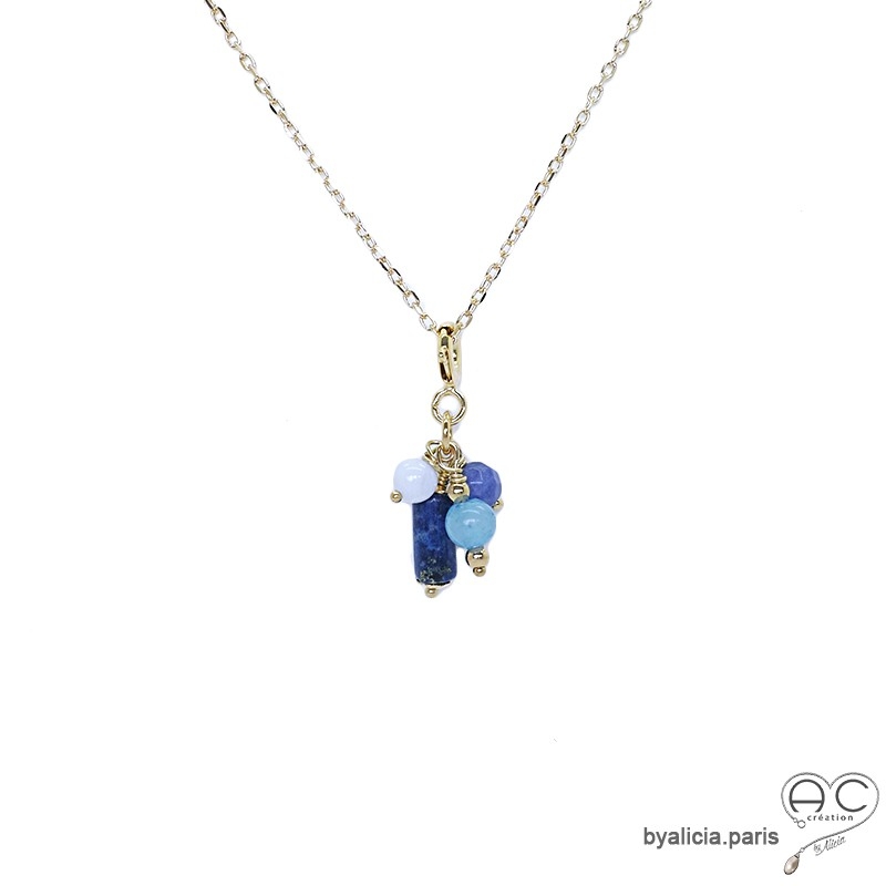 Pendentif breloque lapis-lazuli, plaqué or et gri-gri en pierre semi-précieuse, collier, fait main, créations by Alicia