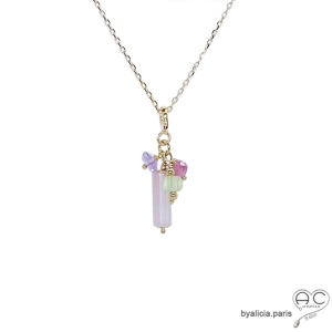 Pendentif breloque quartz rose, plaqué or, gri-gri en pierre semi-précieuse, collier, fait main, créations by Alicia