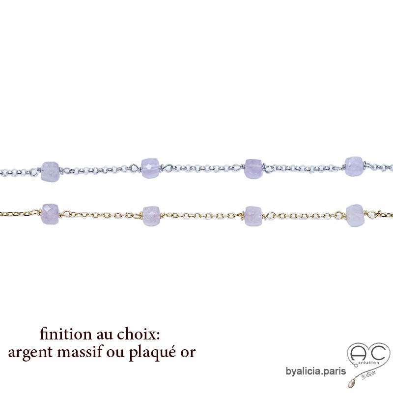 Bracelet, améthyste cube parsemée sur une chaîne fine plaqué or ou argent, pierre naturelle, création by Alicia