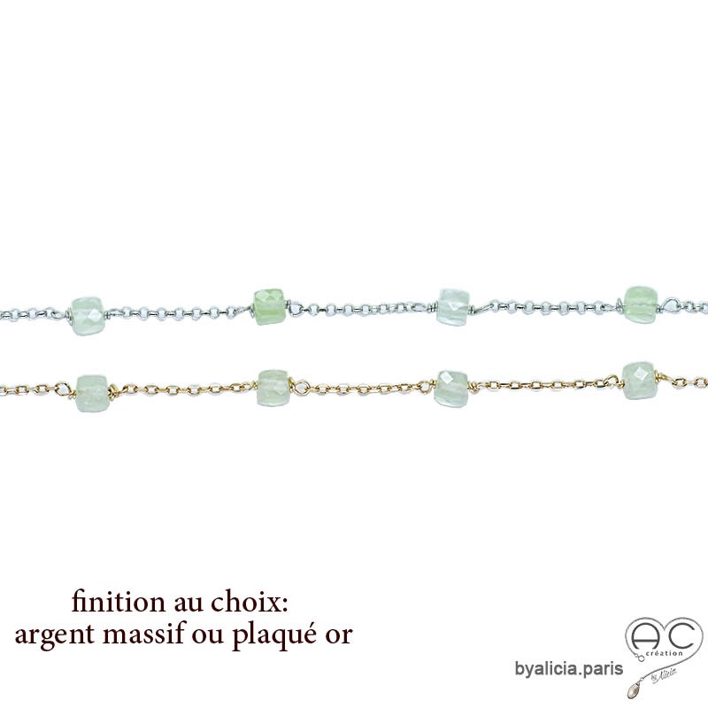 Bracelet avec préhnite en cube parsemée sur une chaîne fine en plaqué or ou argent massif, pierre naturelle, création by Alicia