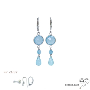 Boucles d'oreilles calcédoine bleue, argent massif, fait main, création by Alicia