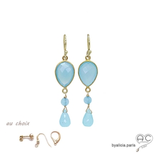 Boucles d'oreilles calcédoine bleue, plaqué or, fait main, création by Alicia