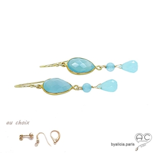 Boucles d'oreilles calcédoine bleue, plaqué or, fait main, création by Alicia