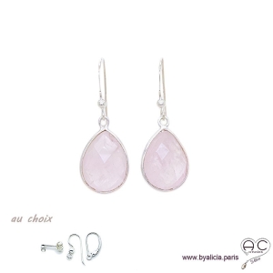 Boucles d'oreilles gouttes en quartz rose, pierres semi-précieuses et argent massif 925, pendantes, création by Alicia 