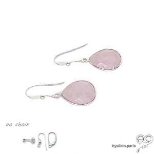 Boucles d'oreilles quartz rose, gouttes pendantes, argent massif, pierres semi-précieuses, fait main, création by Alicia 