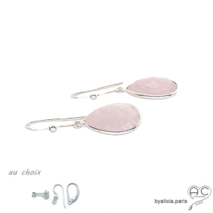 Boucles d'oreilles quartz rose, gouttes pendantes, argent massif, pierres semi-précieuses, fait main, création by Alicia 