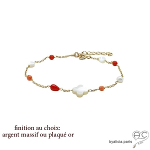 Bracelet  nacre, perle d'eau douce, racine de corail sur une chaînette fine, fait main, création by Alicia
