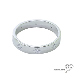 Bague anneau en argent massif avec étoiles sertie de zirconium, tours complet, empilable, femme, tendance
