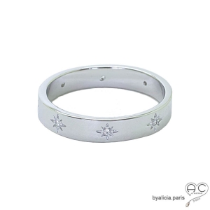 Bague anneau en argent massif avec étoiles sertie de zirconium, tours complet, empilable, femme, tendance