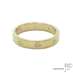 Bague anneau en plaqué or 3MIC avec étoiles sertie de zirconium, tours complet, empilable, femme, tendance