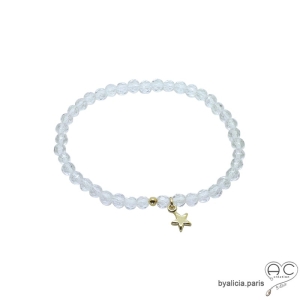 Bracelet fin cristal de roche, pampille étoile, plaqué or, pierre semi-précieuse, fait main
