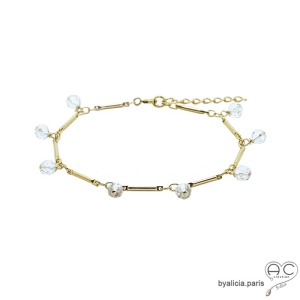 Bracelet fin pampilles en cristal de roche, chaîne plaqué or, pierre semi-précieuse, fait main