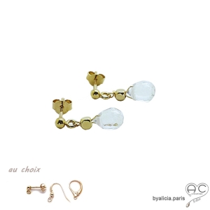 Boucles d'oreilles avec cristal de roche goutte, plaqué or, fait main, création by Alicia