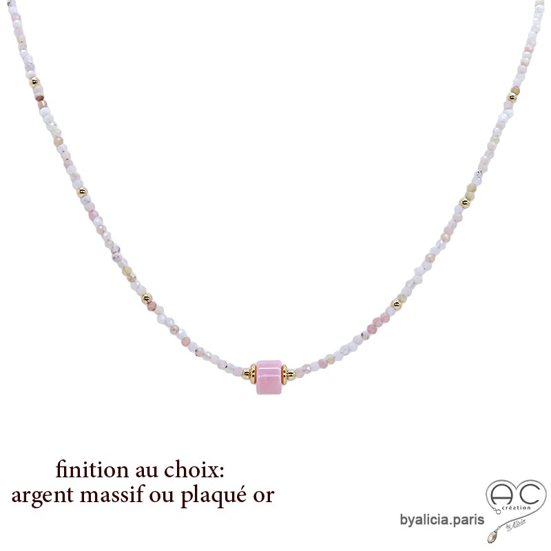 Collier opale rose, ras de cou fin, pierre semi-précieuse, fait main, création by Alicia