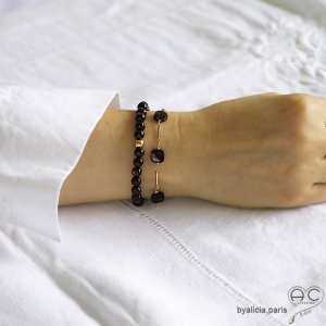 Bracelet hypersthène, pierre semi-précieuse couleur brun noir avec des reflets cuivrés , fait main